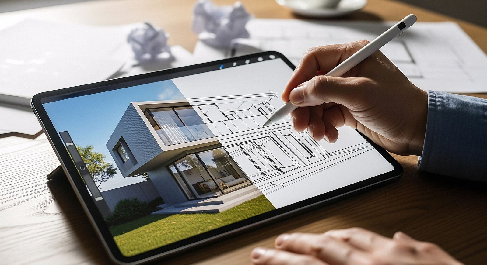 Architect drafting a modern house elevation on a tablet
