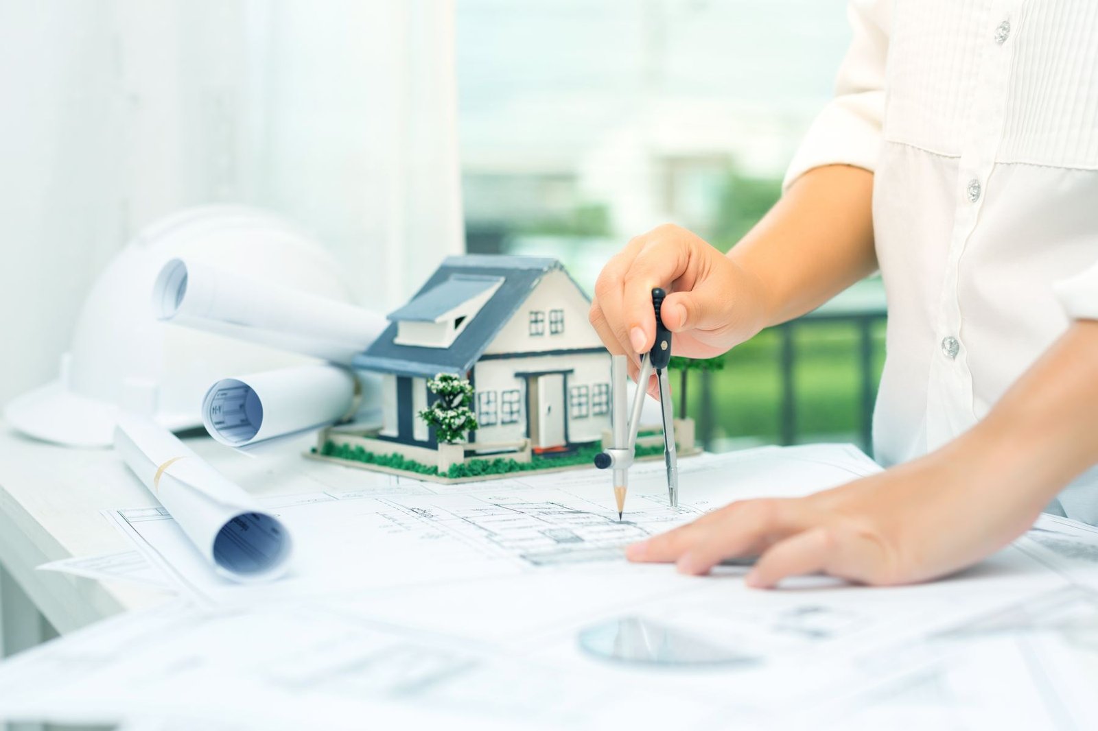 Architect's desk with blueprints and a house model at Satyadi Homes